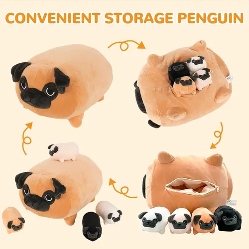 Vista 3 de MMguai Peluche Suave de Bulldog Lindo Bulldog Francés Animales de Peluche con 4 Peluches de Cachorro Bebé en su Barriga, Almohada Blanda Grande