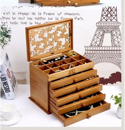 Vista 3 de Joyero de madera con 6 capas, organizador de madera, ideal como regalo para mamá y novia.