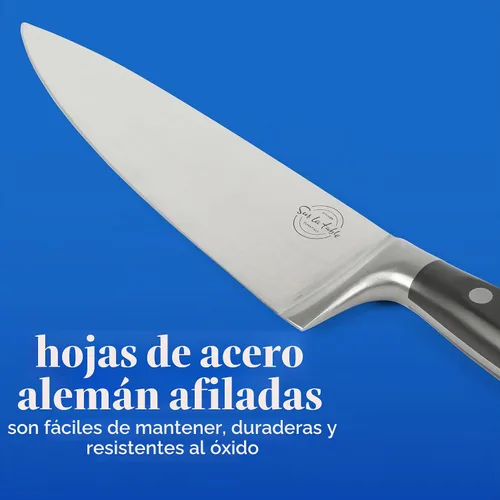 Vista 4 de Sur La Table Kitchen Essentials - Juego de 5 piezas de cuchillos de acero alemán con mango triple remachado en bloque magnético de madera de haya