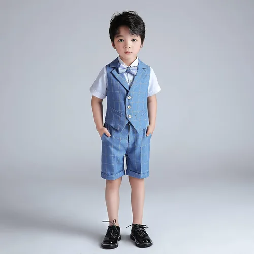 Vista 5 de LOLANTA Chaleco de esmoquin para niños, traje de portador de anillo de boda, 4 piezas, ropa, chaleco, camisa, pantalones cortos, pajarita