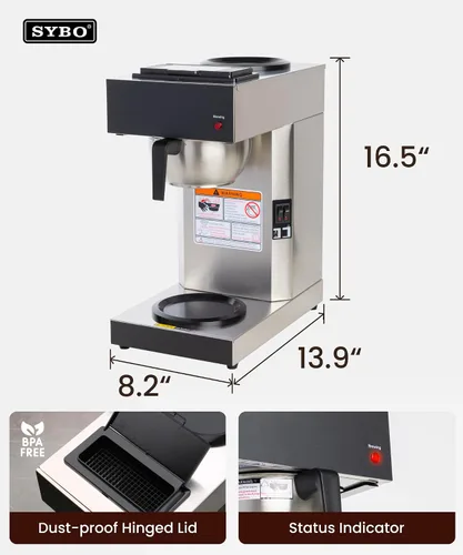 Vista 7 de SYBO Cafetera comercial de 12 tazas, cafetera de acero inoxidable industrial con 2 calentadores