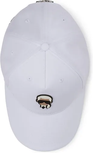 Vista 5 de Karl Lagerfeld Paris Gorra con logotipo de cabeza de carácter Karl de ala de cinta para mujer, Cinta blanca con logotipo