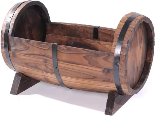 Vista 7 de HM&DX Macetas redondas de madera con orificios de drenaje, macetas rústicas de madera con agujeros de drenaje, macetas de whisky para jardín