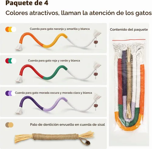 Vista 6 de Juguetes interactivos para gatos de interior, 3 cuerdas para masticar, 1 3 cuerdas para gatos+1 palito de dentición