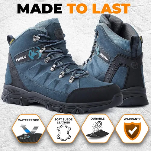 Vista 3 de Foxelli Botas de senderismo para hombre, botas de senderismo impermeables de gamuza para hombre, transpirables, cómodas y ligeras