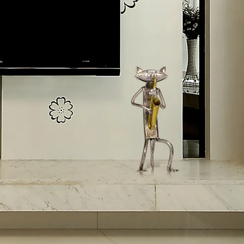Vista 6 de Too-arts Un saxofón que juega la escultura del metal del gato de la estatua del hierro, artesanías, 3 diseño divertido