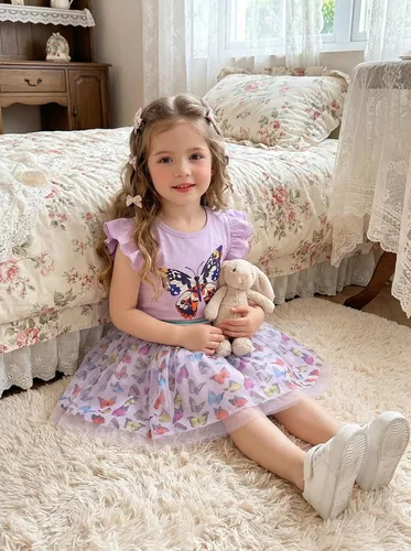 Vista 2 de Conjunto de falda de tul para niñas, dos piezas, manga con volantes, camiseta de unicornio, vestido de tutú de verano, fiesta de cumpleaños, traje