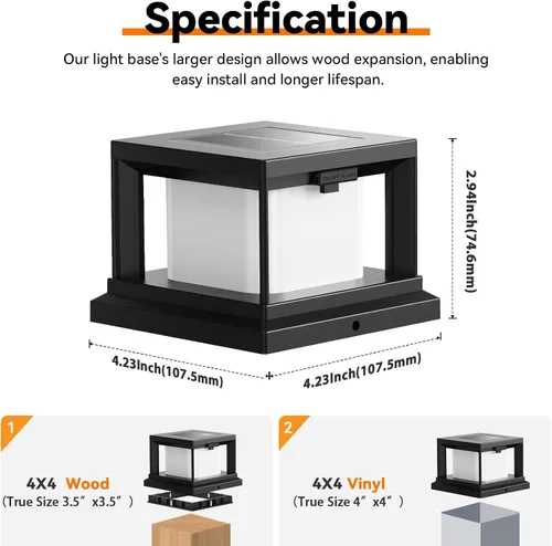Vista 6 de Paquete de 8 luces solares para exteriores, luces solares impermeables para punta de poste de 4 x 4 con llama parpadeante, luces de poste de alta