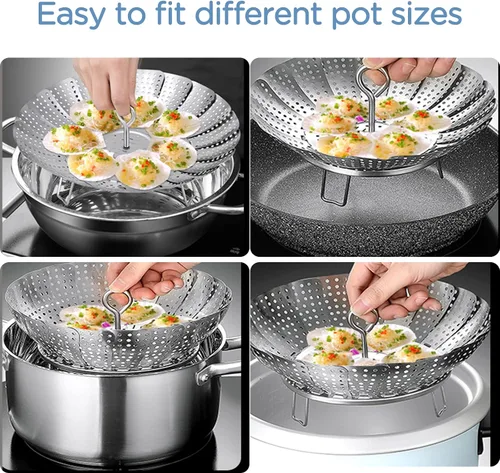 Vista 3 de Cesta de vapor de verduras de acero inoxidable 304, inserto expandible para cocinar, se adapta a ollas de 6.4 a 10.2 pulgadas, incluye pinzas