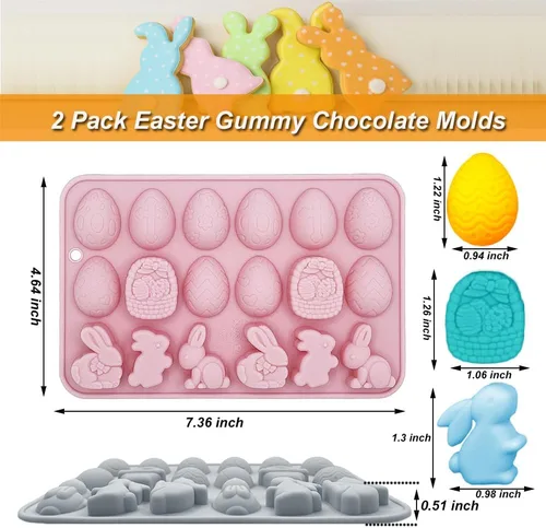 Vista 2 de Paquete de 2 moldes de chocolate para gomitas de Pascua, 18 cavidades, huevo, conejo, dulces, bandeja para hornear pastel de chocolate, postre