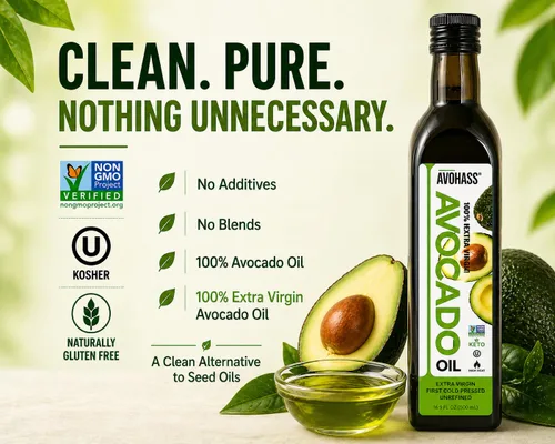 Vista 5 de Aceite de aguacate Avohass orgánico virgen extra Cocina diaria y acabado a 400 F; sabor mantecoso, delicado; sin OMG, Kosher; botella de vidrio