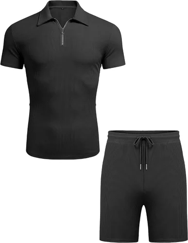 Vista 4 de URRU Conjunto de camisa polo y pantalones cortos para hombre, trajes de verano casuales de manga corta para hombre, conjunto de 2 piezas