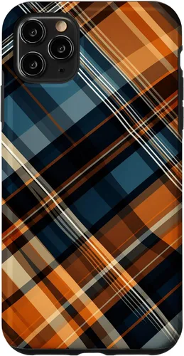 Vista 13 de Funda para iPhone 16 Navy Black and Orange Plaid Halloween Otoño Calabazas
