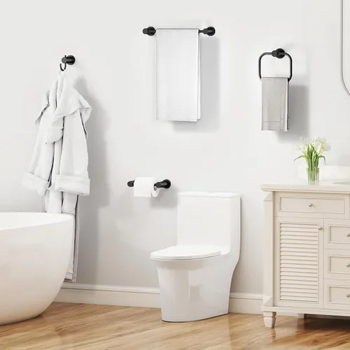 Vista 7 de STWWO Juego de 4 piezas de accesorios de baño, color negro, juego de toalleros de acero inoxidable de 16 pulgadas, toalleros para baño montado