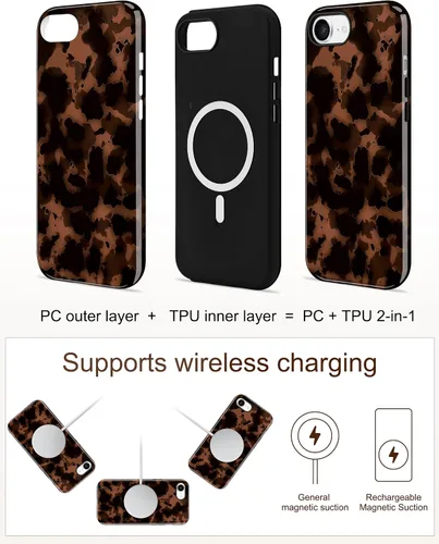 Vista 443 de Jusy Funda compatible con MagSafe con estampado de caparazón de tortuga marrón para iPhone 7/8/SE, cubierta protectora de TPU suave magnética