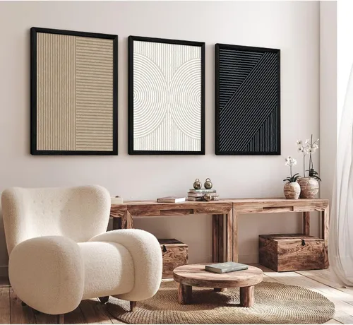 Vista 5 de Imágenes abstractas modernas para pared, arte de pared bohemio y neutro, arte de pared de línea minimalista, arte de pared beige, negro y marrón