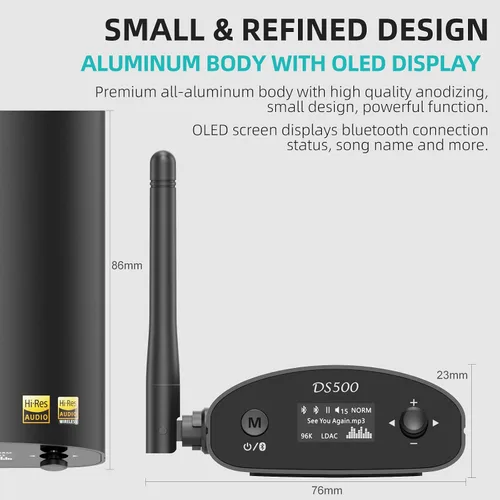 Vista 7 de 1Mii DS500 Receptor Bluetooth 5.3 de alta resolución, DAC audiófilo de 32 bits/384 kHz, LDAC sin pérdida y aptX HD, pantalla OLED, ecualizador