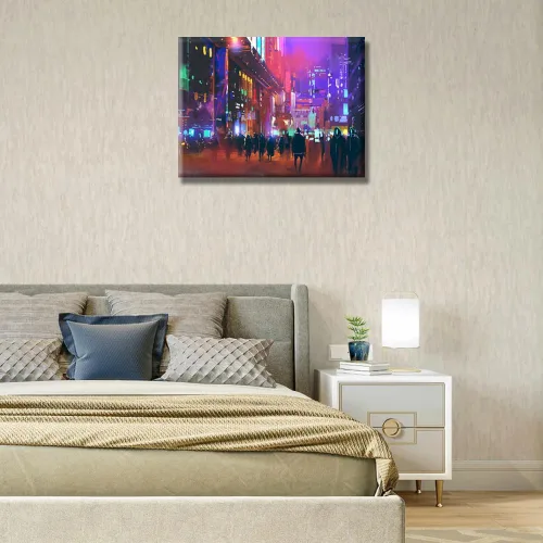 Vista 3 de LSIUHWUWI Future City Concept - Cuadro decorativo moderno para pared, impresión sobre lienzo Cyberpunk City Neon Streetview por la noche