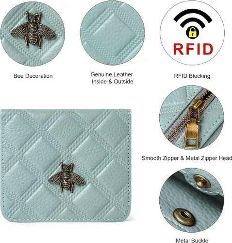 Vista 3 de Billetera para mujer, con bloqueo RFID, pequeña, compacta, plegable, de piel auténtica, con bolsillo, mini carteras para mujeres