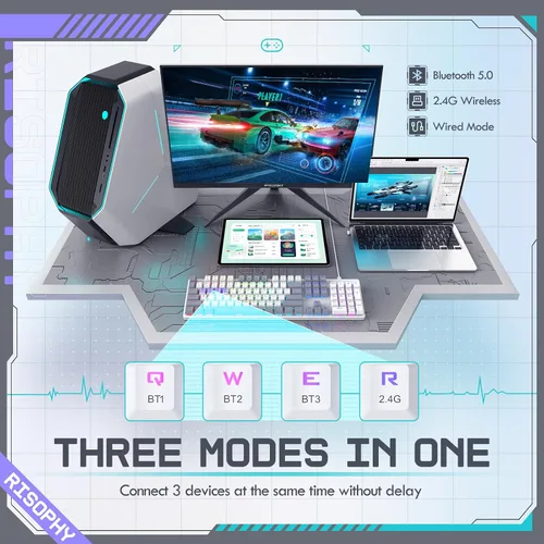 Vista 5 de Teclado mecánico inalámbrico, triple modo 2.4GUSB-CBluetooth para juegos, 104 teclas programables, retroiluminación RGB personalizable, interruptor