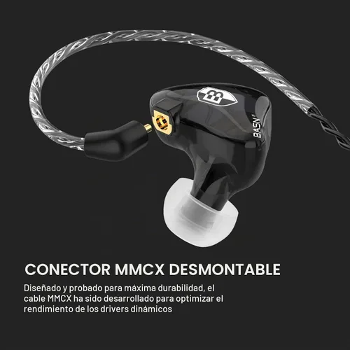 Vista 3 de BASN Bsinger PRO Monitores intrauditivos híbridos dinámicos controladores duales Dos cables MMCX desmontables Músicos Auriculares intrauditivos Negro