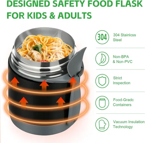 Vista 4 de Termo de sopa de 10 onzas para comida caliente para niños, tarro de comida aislado, contenedor térmico de almuerzo de comida caliente, caja de Negro