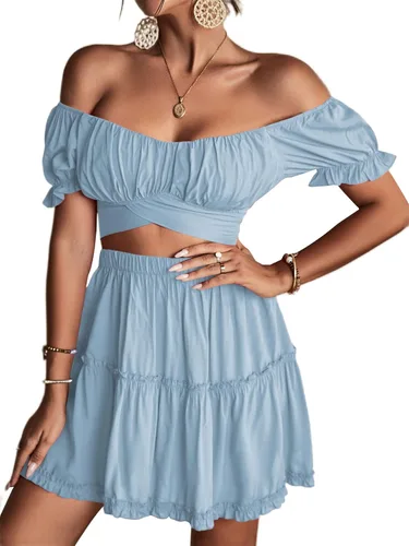 Vista 3 de LYANER Conjunto de 2 piezas para mujer con estampado floral y hombros descubiertos y minifalda