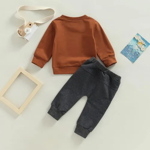 Vista 4 de Conjunto de 2 piezas de ropa de manga larga con estampado de letras, sudadera sin botones, pantalones largos con cordón, para otoño e invierno