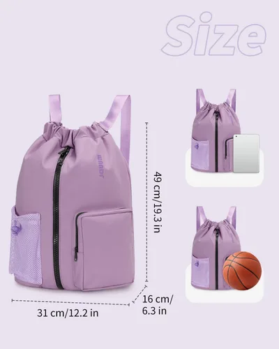 Vista 4 de WANDF Mochila deportiva con cordón y compartimento para zapatos, resistente al agua, bolsa de natación para mujeres y hombres (morado lila)