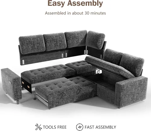 Vista 3 de Vipbear Sofá cama modular modular con cama extraíble, sofá modular en forma de L de felpilla con puertos USB/respaldo ajustable/asientos