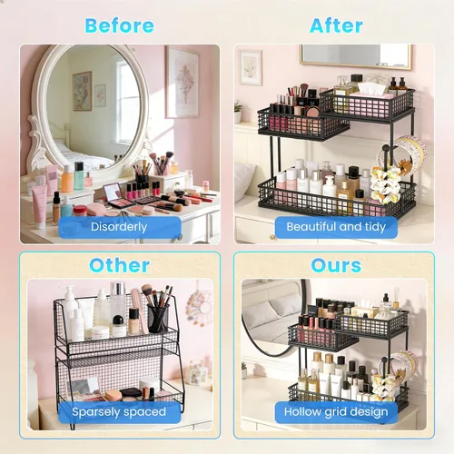 Vista 2 de Organizador de maquillaje para tocador, organizador de encimera de baño de metal de 3 niveles, soporte de almacenamiento para el cuidado de la piel