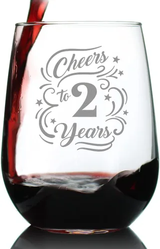 Vista 5 de Custom Cheers to 2 Years - Personalized Stemless Wine Glass Gifts for Women & Men - 2nd Anniversary Party Decor - Large 17 Oz Glasses - Customized