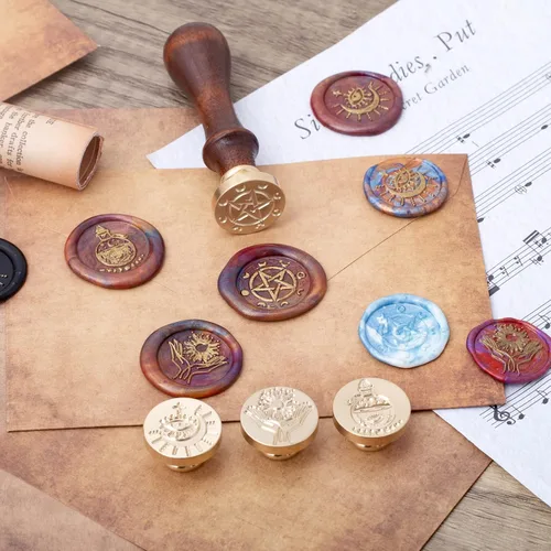 Vista 4 de Wiccan - Juego de sellos de cera, pentagrama pagano, fases lunares, cabeza de sello de sellado de fases lunares, diseño vintage de ojo malvado