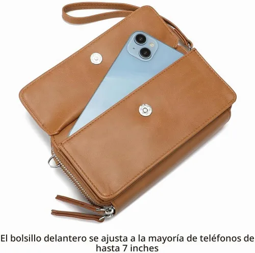 Vista 4 de Lanyani Cartera Cruzada RFID con Correa de Muñeca y Bolsillo para Teléfono para Mujeres de Cuero Vegano B-mostaza oscura