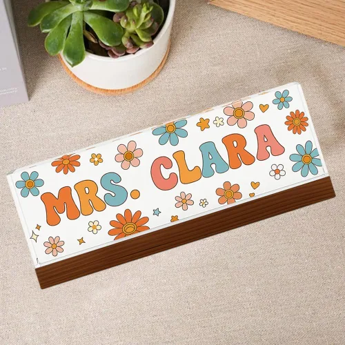 Vista 5 de Placa de nombre personalizada para escritorio para profesores, placa de nombre de acrílico personalizada para maestros con base de madera, letrero