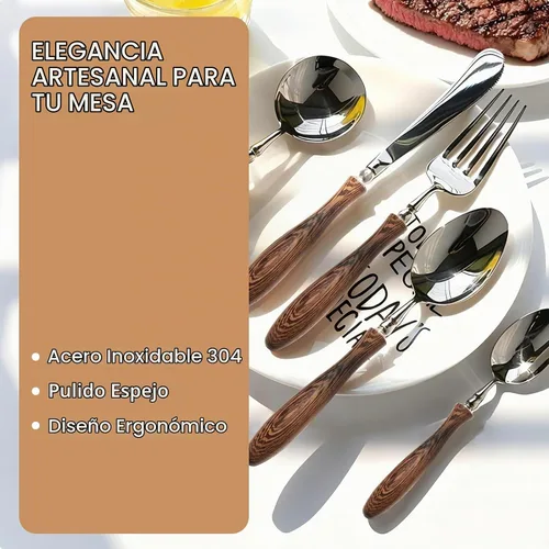 Vista 5 de Juego de cubiertos de 40 piezas para 8, juego de cubiertos de acero inoxidable con mango de madera de alta calidad, incluye tenedor, cuchillo