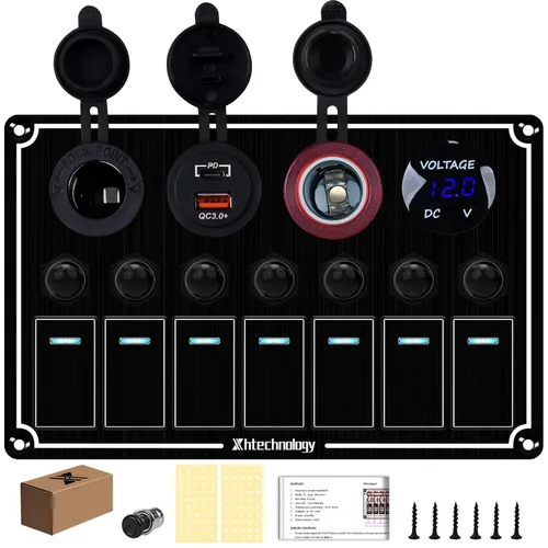 Vista 20 de Panel de interruptores de barco marino de 5 posiciones con cargador USB dual y voltímetro, panel de interruptores basculantes de aluminio