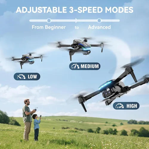 Vista 5 de Dron con cámaras duales 1080P FHD para principiantes, adultos y niños, WiFi FPV, menos de 8.78 oz, lente de absorción de impactos ajustable de 90°