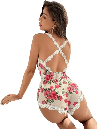 Vista 6 de Verdusa Pijama de malla floral con ribete de encaje para mujer