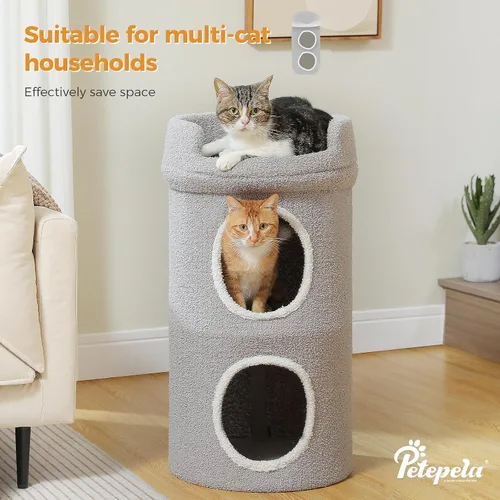 Vista 8 de PETEPELA Camas para gatos de 2 niveles para gatos de interior, casa pequeña en árbol para gatos con cama extraíble, bonita cueva escondida