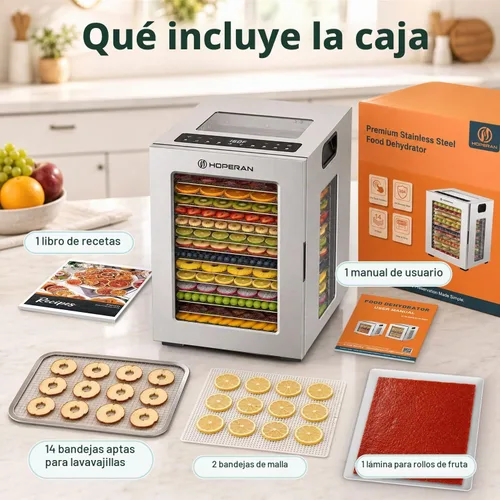 Vista 9 de HOPERAN 14-Tray Food Dehydrator with 10 Presets, Stainless Steel, 840W Silver-14 Trays