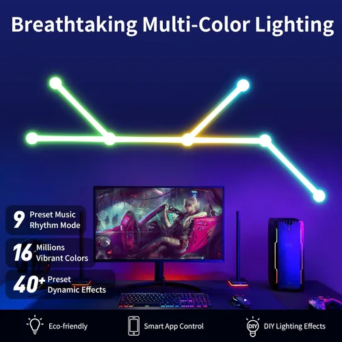 Vista 3 de Líneas de luz de pared inteligentes, barras de luz LED WiFi RGB, 16 M+ sincronización de música regulable de color, barras de luz para decoración