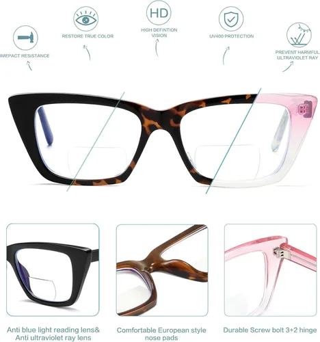 Vista 3 de Gafas de lectura bifocales para mujer, de gran tamaño, ojo de gato, luz azul, para lector de computadora, elegantes y ligeras, a la moda