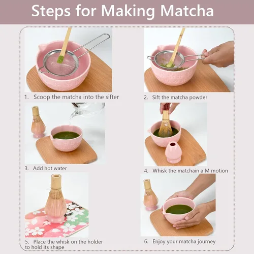 Vista 7 de Juego de batidor de matcha, juego de matcha de cerámica incluye cuenco matcha, batidor de bambú y soporte, cuchara de bambú, soporte para cucharas