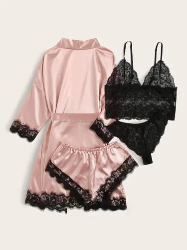 Vista 2 de WDIRARA Conjunto de pijama de lencería con encaje floral de satén para mujer 4 piezas conjunto de pijama con bata