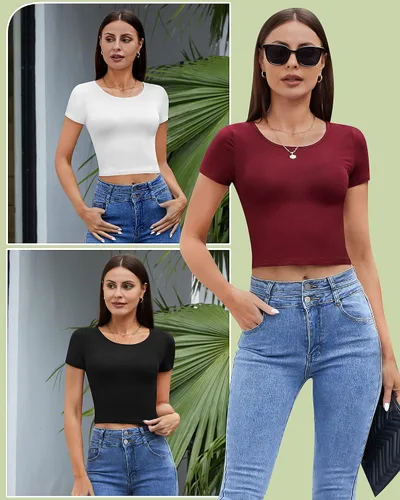 Vista 5 de Paquete de 4 camisetas cortas básicas ajustadas de manga corta para mujer, lindas camisetas cortas de moda con cuello redondo para mujeres