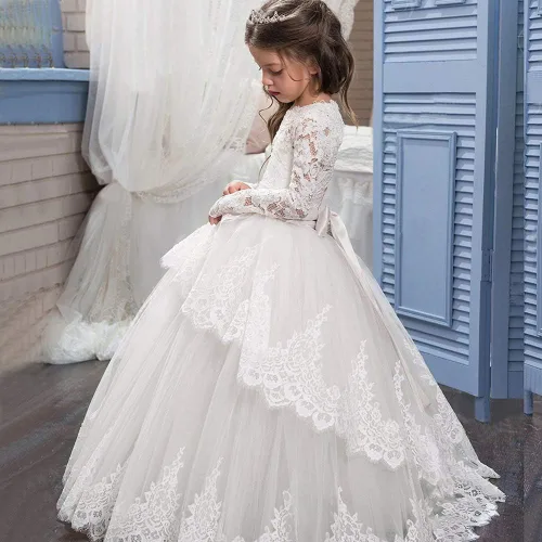 Vista 4 de Vestido de encaje de manga larga para niña, princesa de tul, vestido de baile