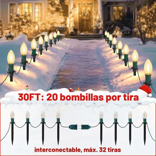 Vista 6 de USOKYO 20 bombillas LED C9 de 30 pies, luces LED de Navidad para exteriores, bombillas LED blancas cálidas, impermeables, conectables, luces