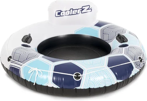 Vista 7 de Bestway 15496 CoolerZ Rapid Rider Inflatable River Lake Pool Inner Tube Float with Built in Backrest and Wrap Around Grab Rope, Blue Hexagon