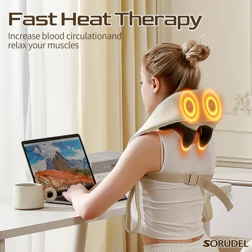 Vista 3 de Masajeador de cuello con rodillo de calor Shiatsu de amasamiento de tejido profundo para cuello y espalda, regalo para mamá, papá, Navidad